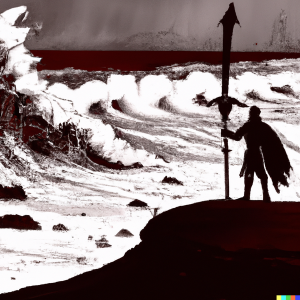 File:DALL·E 2023-02-28 22.12.50 - Generate an image that depicts a figure standing alone on a rocky shore, looking out to the sea with a sword in hand. Behind them, a giant wave rises,.png