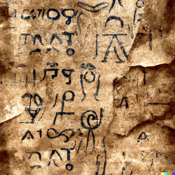 File:DALL·E 2023-02-28 22.28.56 - Generate an image of an ancient page with mysterious and cryptic inscriptions in an unknown language. The page should look old and worn, with torn and.png