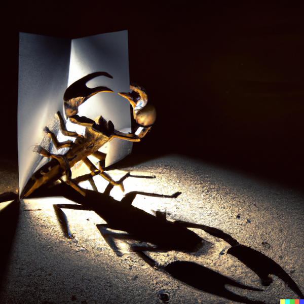 File:DALL·E 2023-02-28 22.32.59 - Create an image of a menacing scorpion wearing a cloak made of shadows, with its stinger raised in a threatening manner. Its claws are scratching the.png